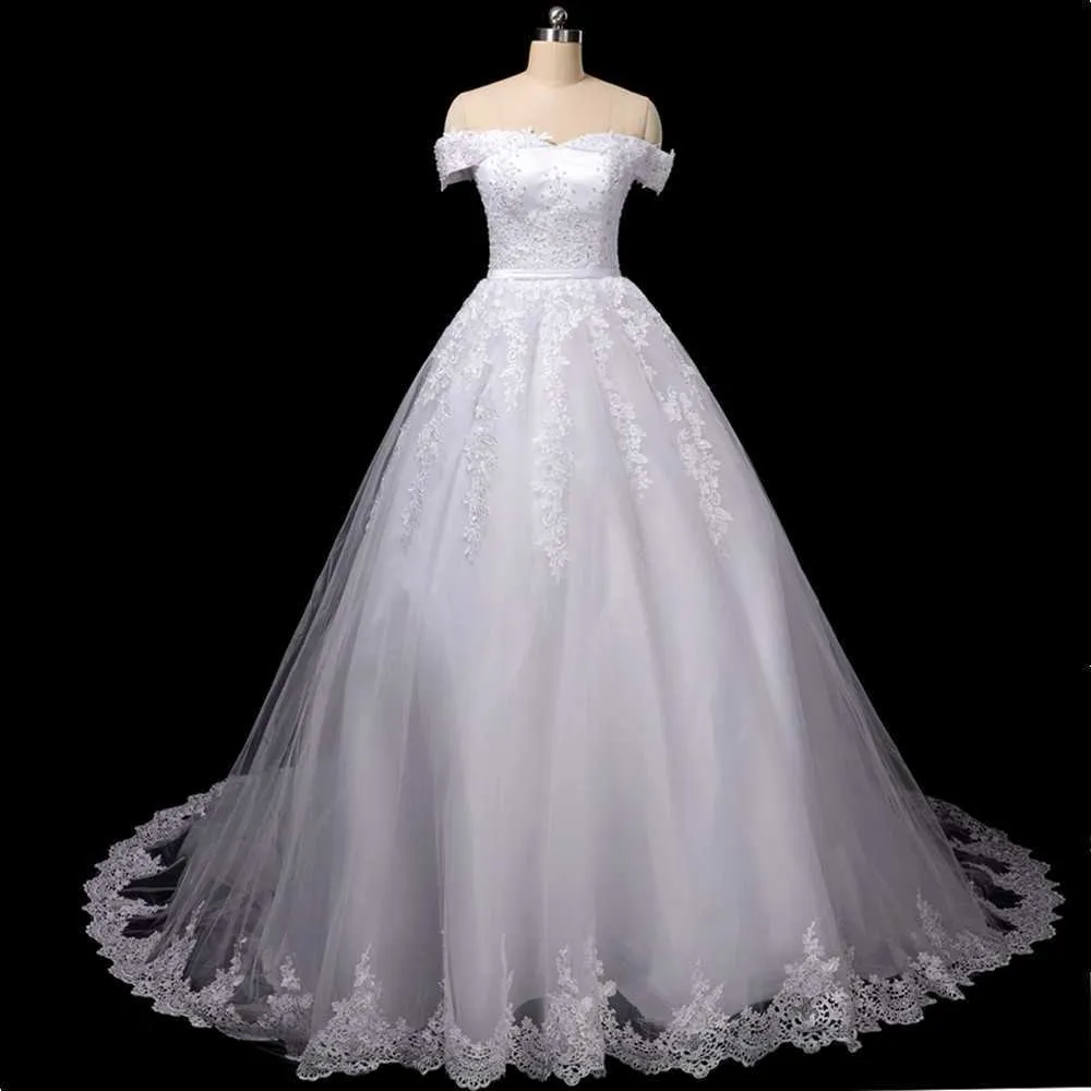 Party Dresses Vestido De Noiva Pearls Lace Wedding Dress Robe Princess Mariage Plus Size Long Train Bridal Wedding Gowns 0408H23