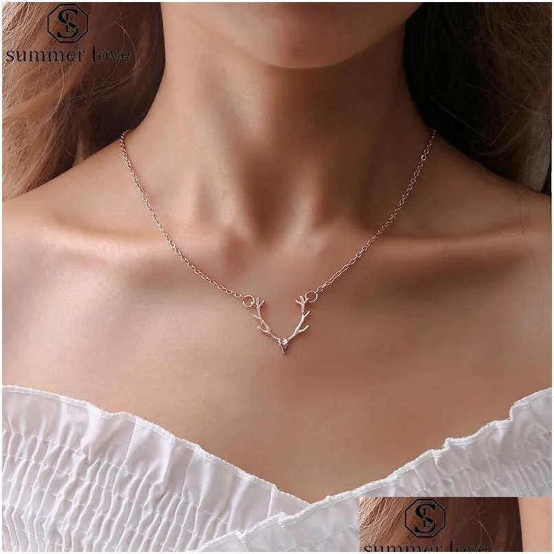 Pendentif Colliers Nouvelle Arrivée Mignon Deer Antler Collier 3 Couleur Elk Renne Pour Femmes Filles Petit Cadeau De Mode Jewe Dhnts