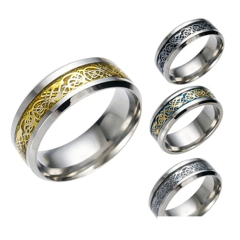 Band Rings Punk Dragon Pattern for Men Inlay Comfort Fit Anel de casamento de aço inoxidável Wide Drop 8mm Drop Dat entre 202 DGB