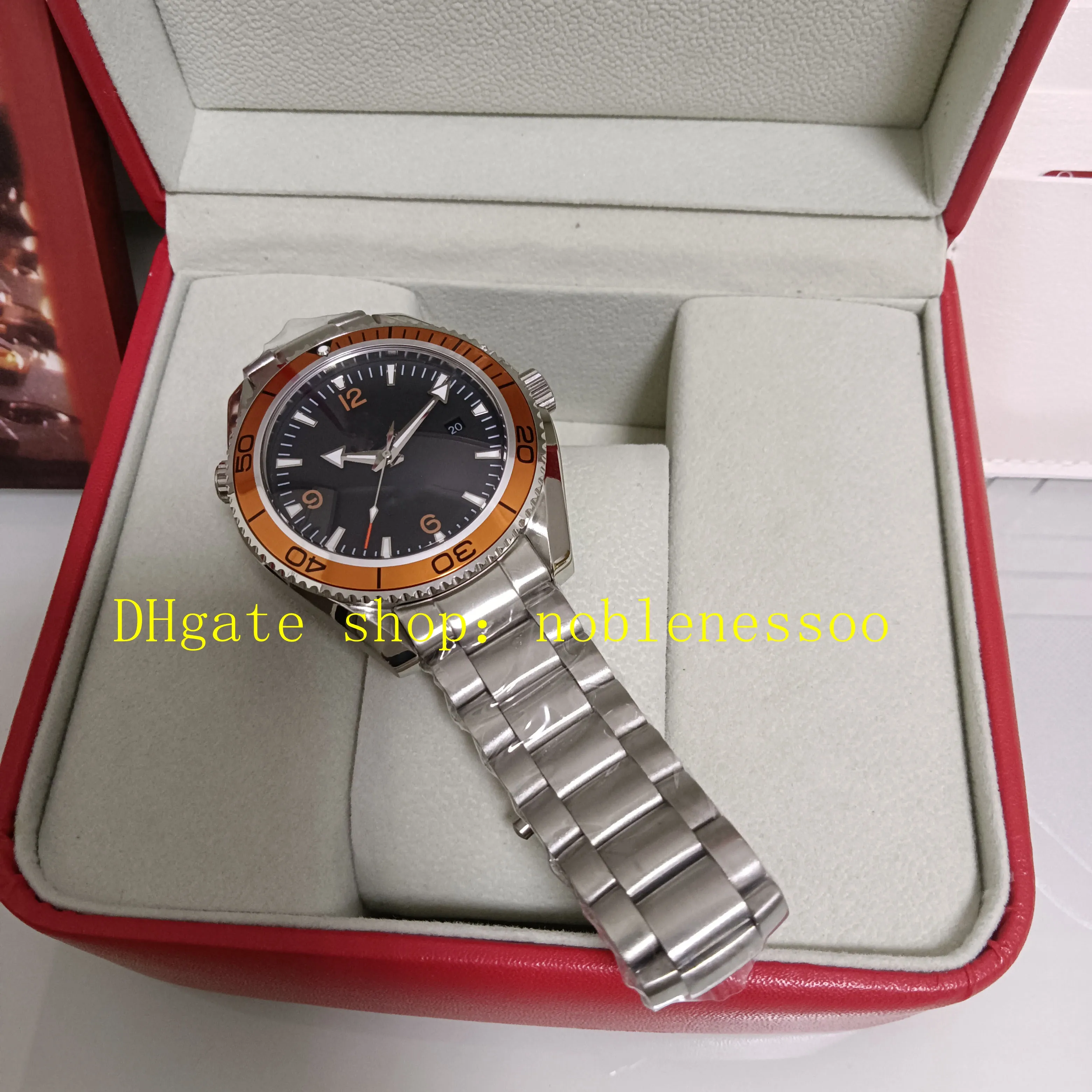 5 kleur echte foto met doos heren horloges heren 42 mm automatische zwarte wijzerplaat 600 m oranje ringje roestvrijstalen armband sport 007 mechanisch horloge polshorloges