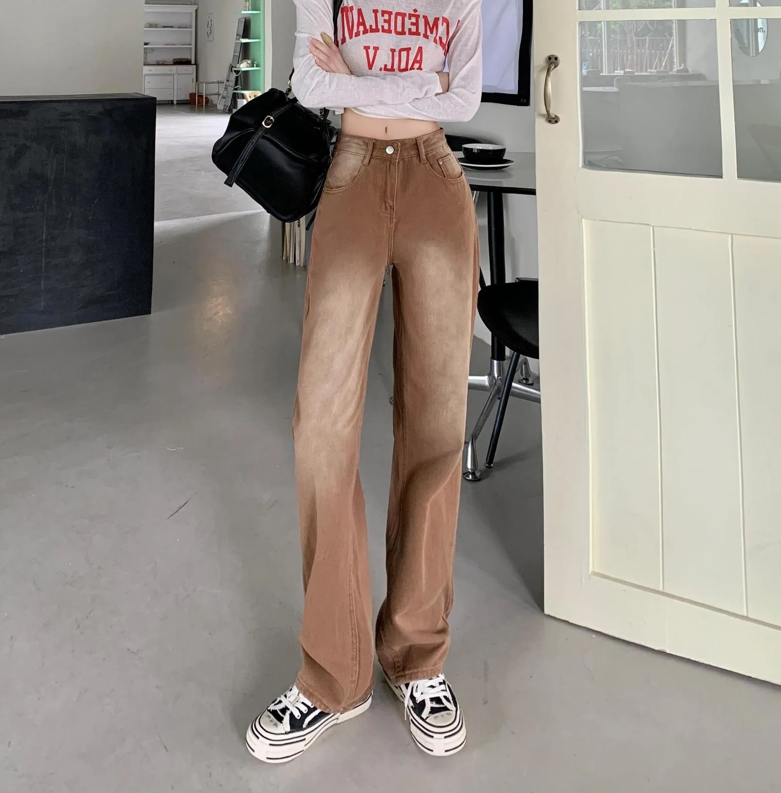 Women's Jeans CGC retro brown street clothing bag jeans women's high waisted cargo pants Korean fashion straight wide leg jeans women's Trousers 230408
