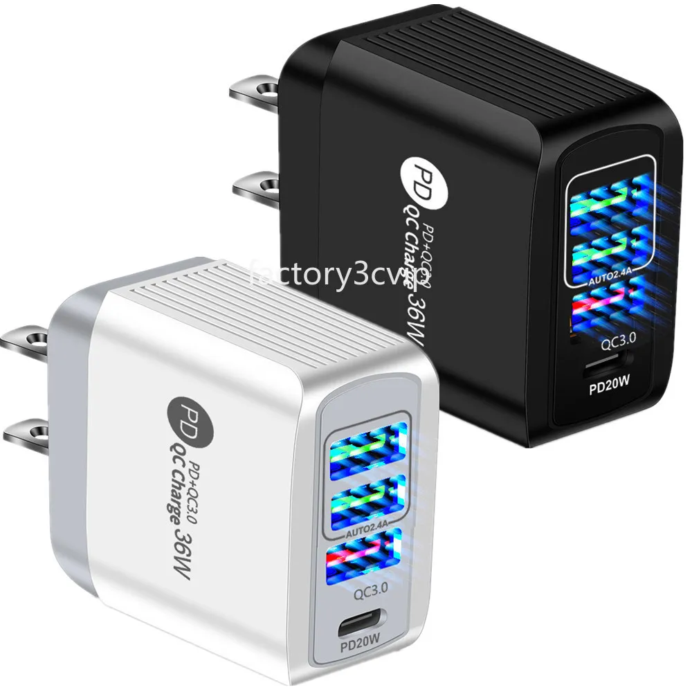 36W snabba snabba laddare 4 portar QC3.0 PD Typ C USB C Wall Charger AC Home Travel EU US Adapters för iPhone 14 15 Samsung Tablet PC F1