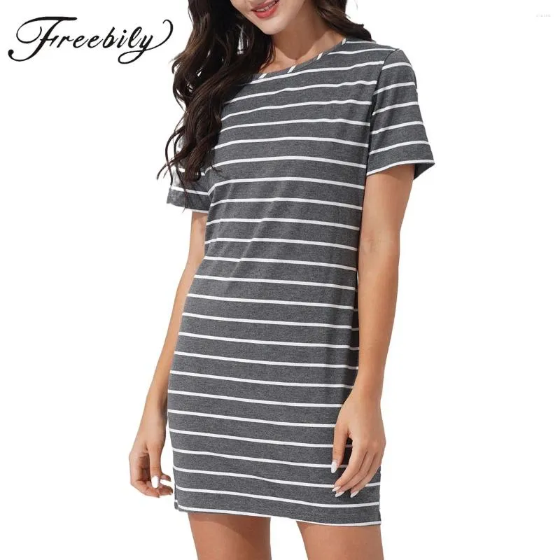 Women's Sleepwear Night Shirts Womens Nightgowns Cute Stripes Print Round Neck Short Sleeve Sleep Soft