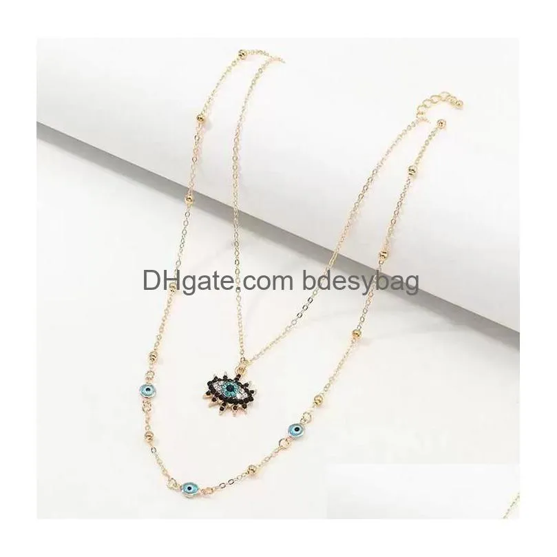 Pendant Necklaces Crystal Blue Evil Eye Pendent Necklace For Women 18K Gold Plated Double Layer Chain Lucky Charm Necklaces Jewelry Gi Dhmnc