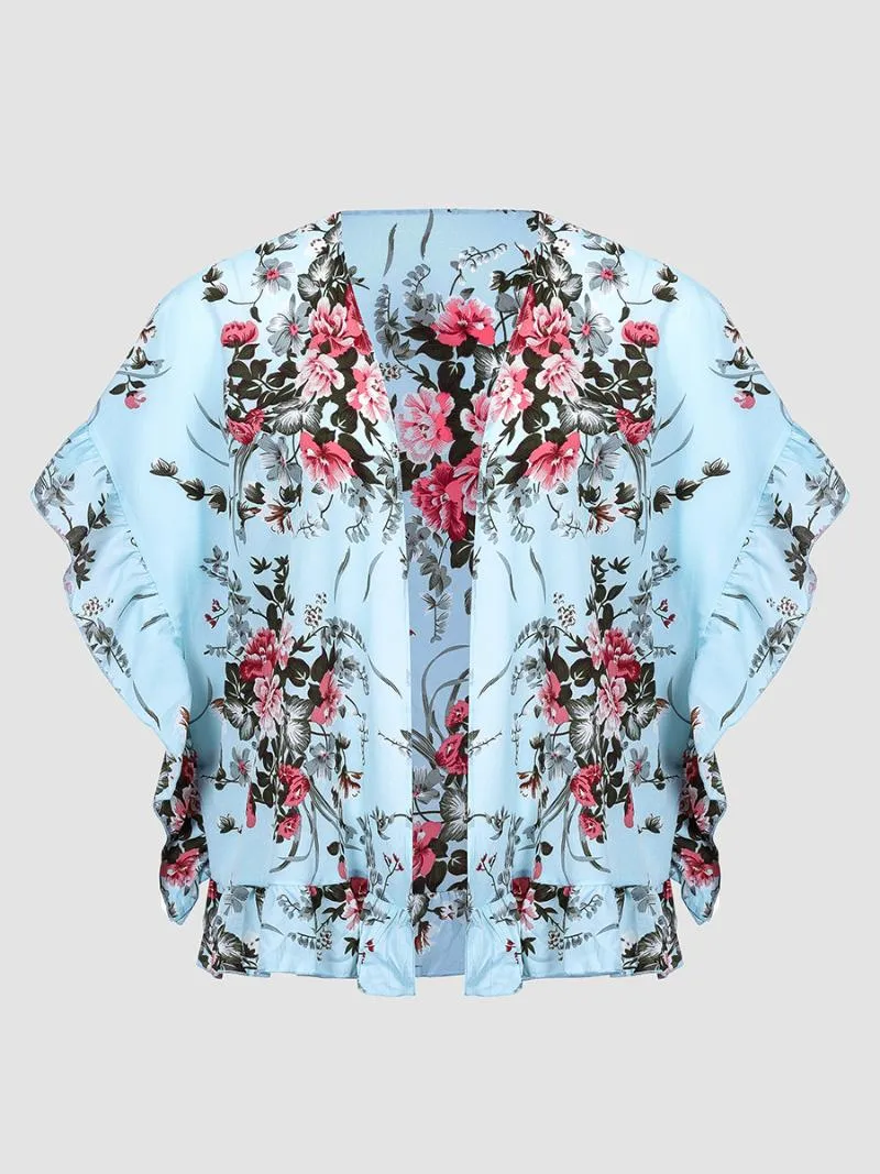 Outerwear Damen Plus Size Coats Finjani Floral Print Batwing Ärmel Chiffon Kimono Frill Trim Casual Women Strickjagan Sommer