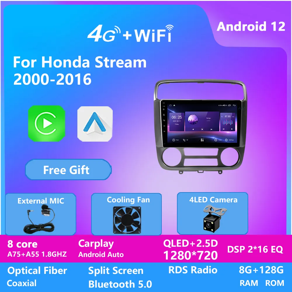 Video Radio Radio 2 Din Android 12 ekranowy Autoradio dla Honda Stream 2000-2016 CarPlay 4G Auto Stereo Car Player