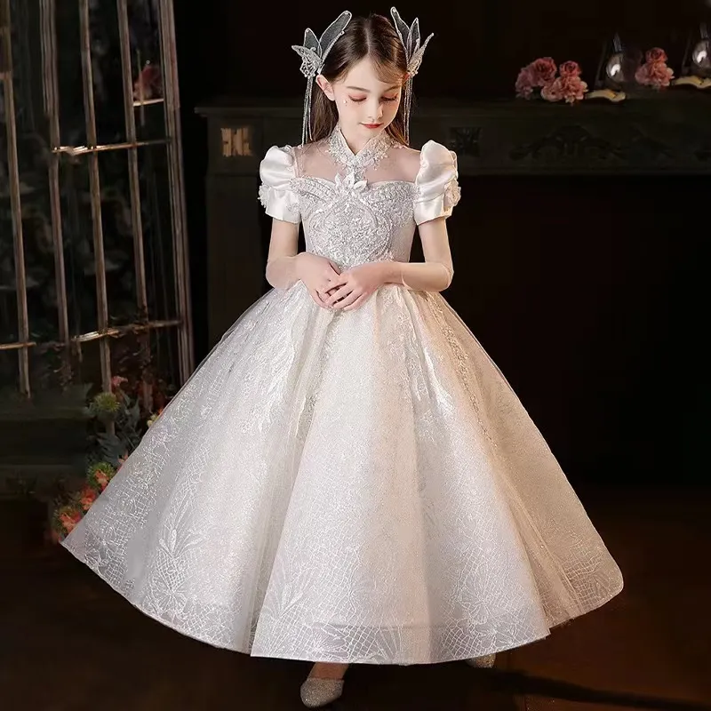 White Princess Flower Girl Dresses For Wedding 2023 Ball Gown High Neck Crystal Pärled Ruffles Tiered kjolar Toddler Pageant Gowns Kids Birthday Party Dress