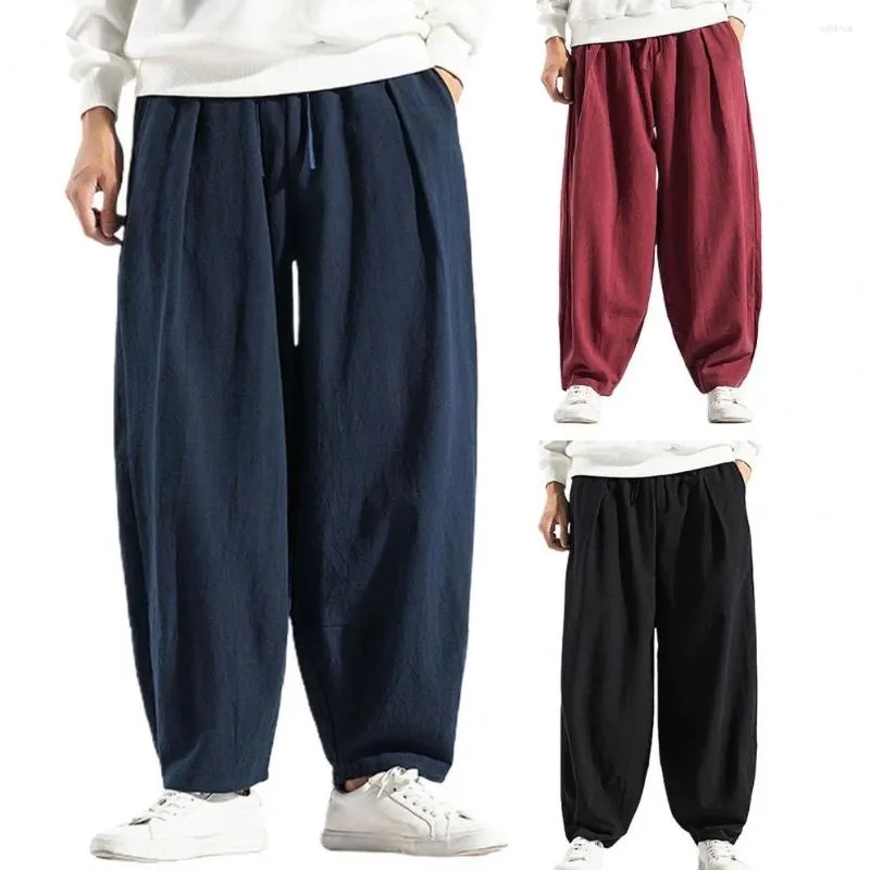 Men's Pants Harem Solid Color Dstring Men All Match Mid Rise Pockets Loose Trousers For Daily Wear