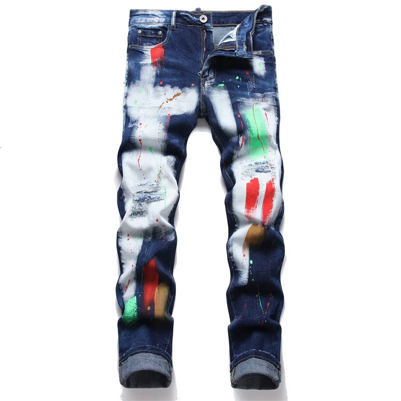 High Quality Men Straight Casual Cotton Jeans Male Jean Homme Paint Printing Pantalones Hombre Jeans Men Pants Denim Trousers