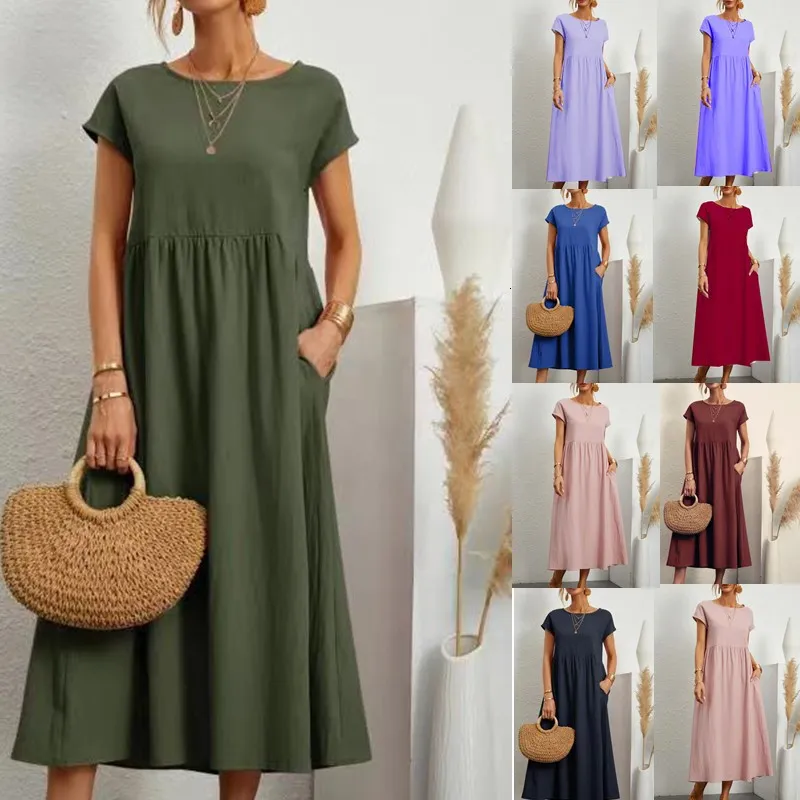 Casual Dresses Women's Vintage Solid Dress Summer Elegant O-Neck Kort ärm Bomullslinne Kvinnor Casual Loose Sun Dress Long Dress 230408