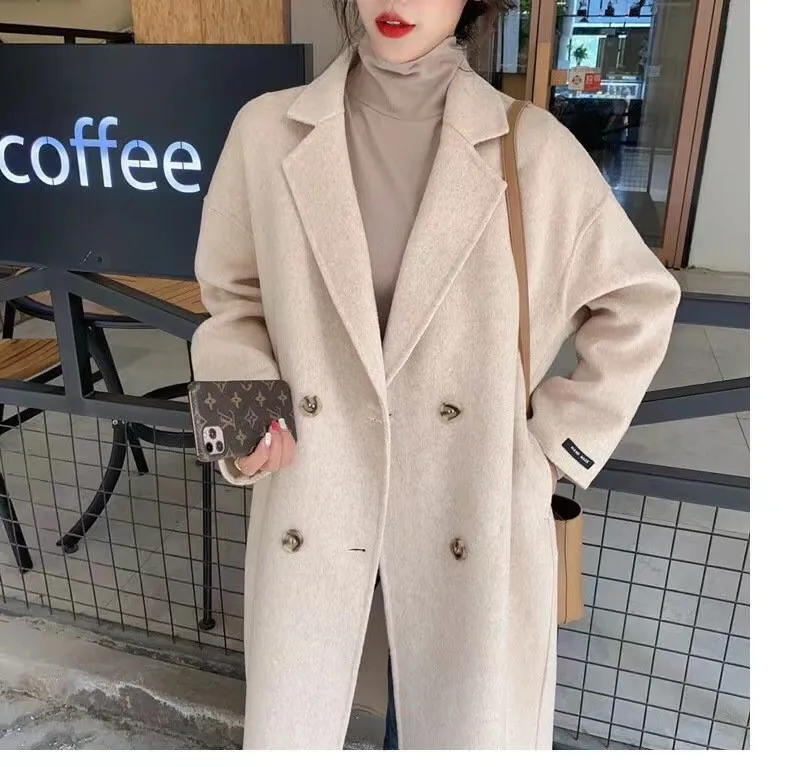 Reversible Cashmere Coat Women's Mid-Length 2021 Autumn and Winter New Korean Style Hepburn Style Cocoon Shaped Drop-Shoulder Woolen Coat for Women