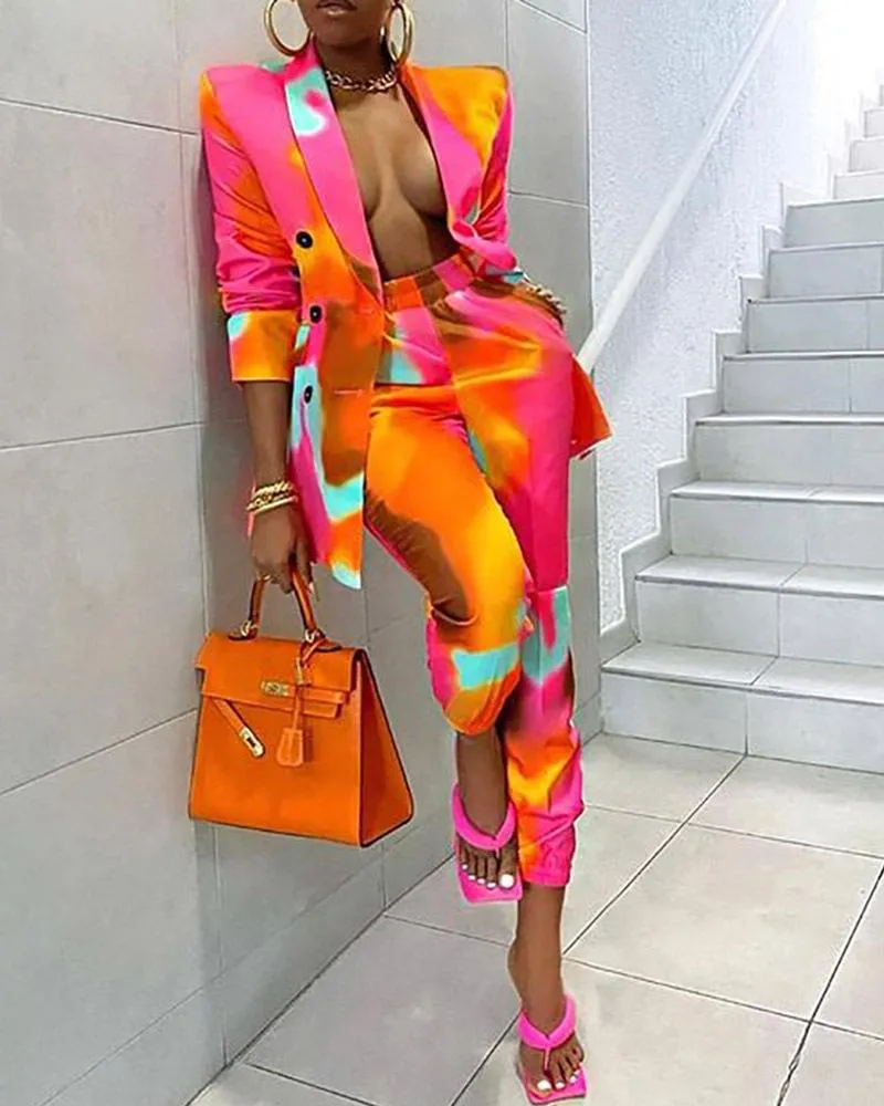 Women's Two Piece Pants Fashion Tie Dye Gradient Office Suit Women Elegant Blazer Pantsuit Turn Down Collar Single Breasted Long Sleeve 2 Se