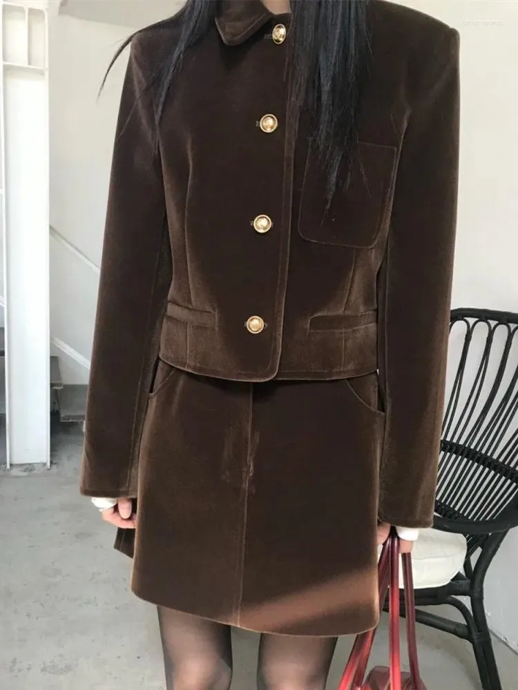 Abiti da lavoro stile coreano velluto due pezzi set per donna giacca a maniche lunghe cappotto vita alta minigonna abiti vintage casual 2 abiti