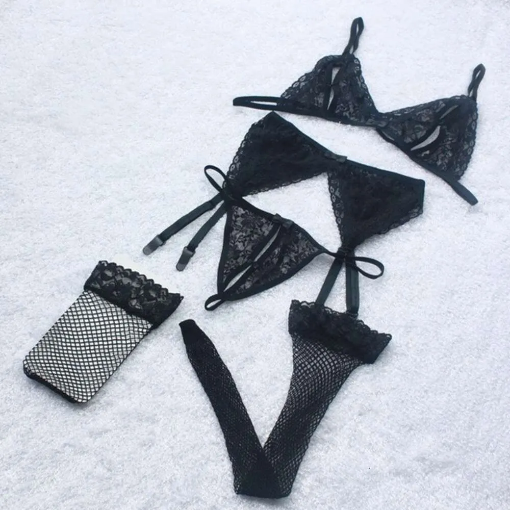 Hot Lace Sexy Underwear Pamas Women's Transparent Lingerie Erotic Bra Thong Garter Set