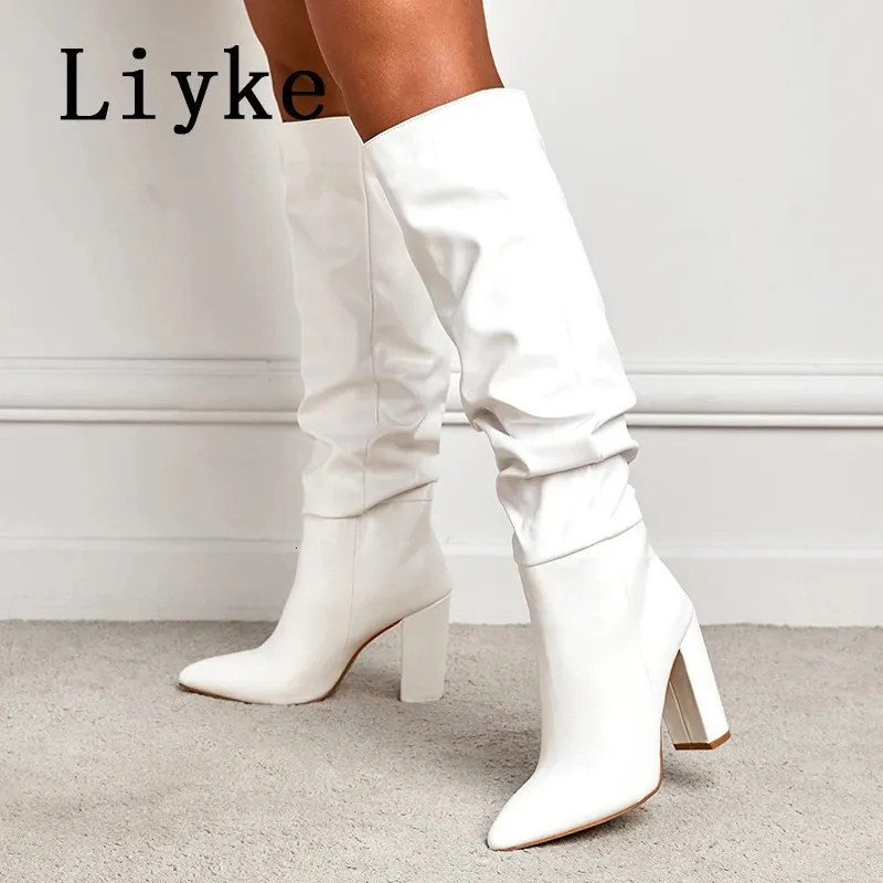 Bottes Liyke taille 35-42 blanc plissé en cuir bottes longues femmes automne hiver talons épais moto genou chaussures hautes Botas Largas Mujer 231108