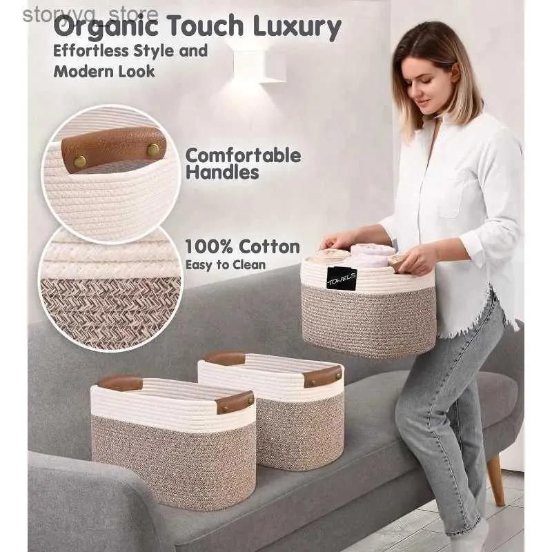 Set Of 3 Large Cotton Rope Bedroom Storage Baskets With Handles