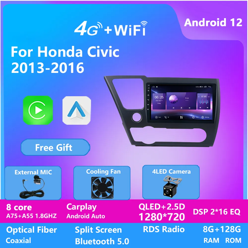 10 tum Android-bilradiovideo för Honda Civic 2008-2012 Pekskärm Stereo Audio GPS Multimedia BT 4G WiFi