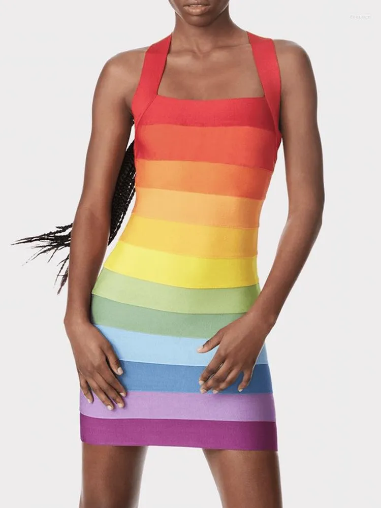 Casual Jurken Regenboog Bandage Jurk Halter Ruglooze Korte Feest Bodycon Elegante Sexy Avond Verjaardag Club Outfit 2023 Jaar Zomer