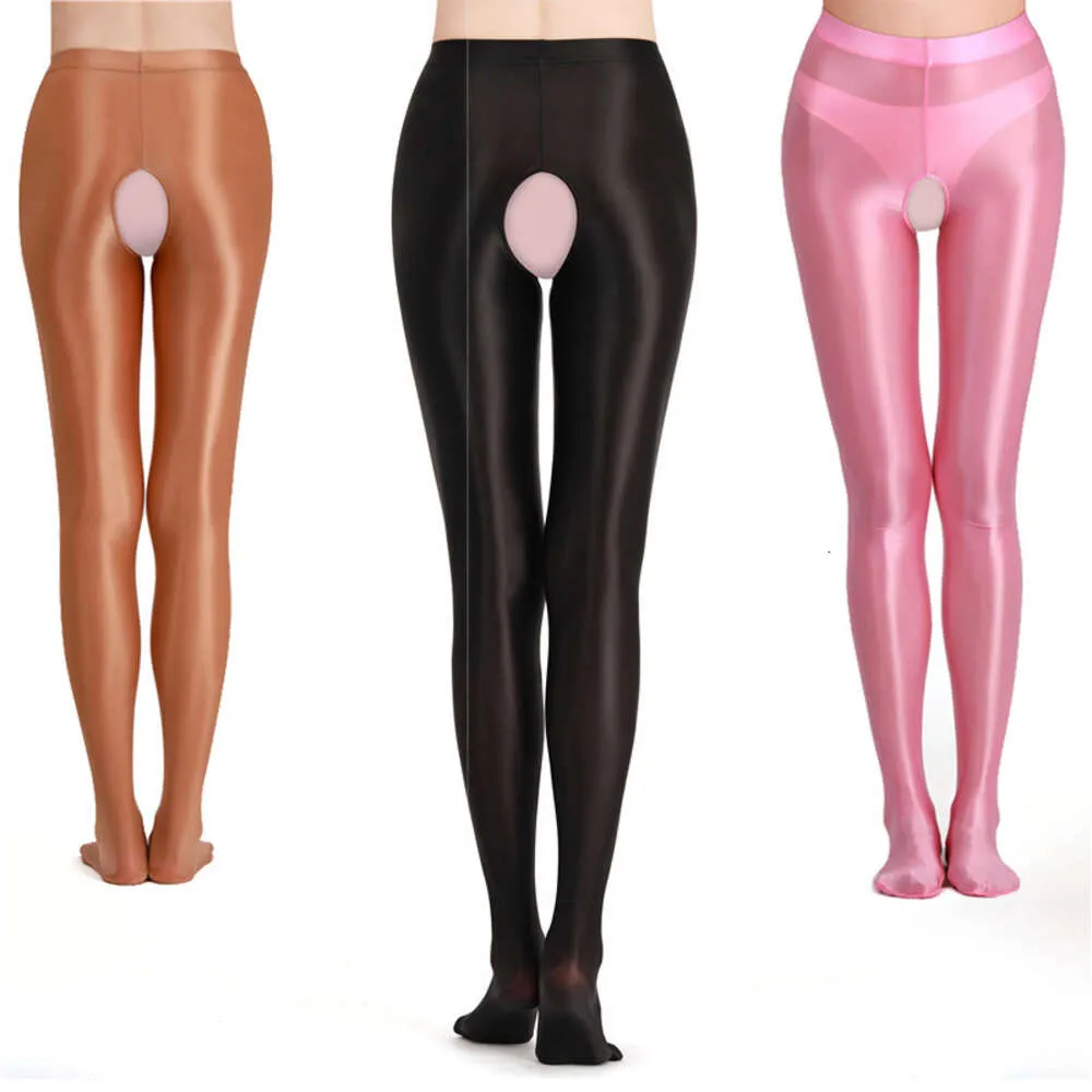 Women Sexy Open Crotch Pantyhose Glossy Wetlook High Waist Exotic Tights Oily Shiny Smooth Hiny Leggings Pants 8 Colors