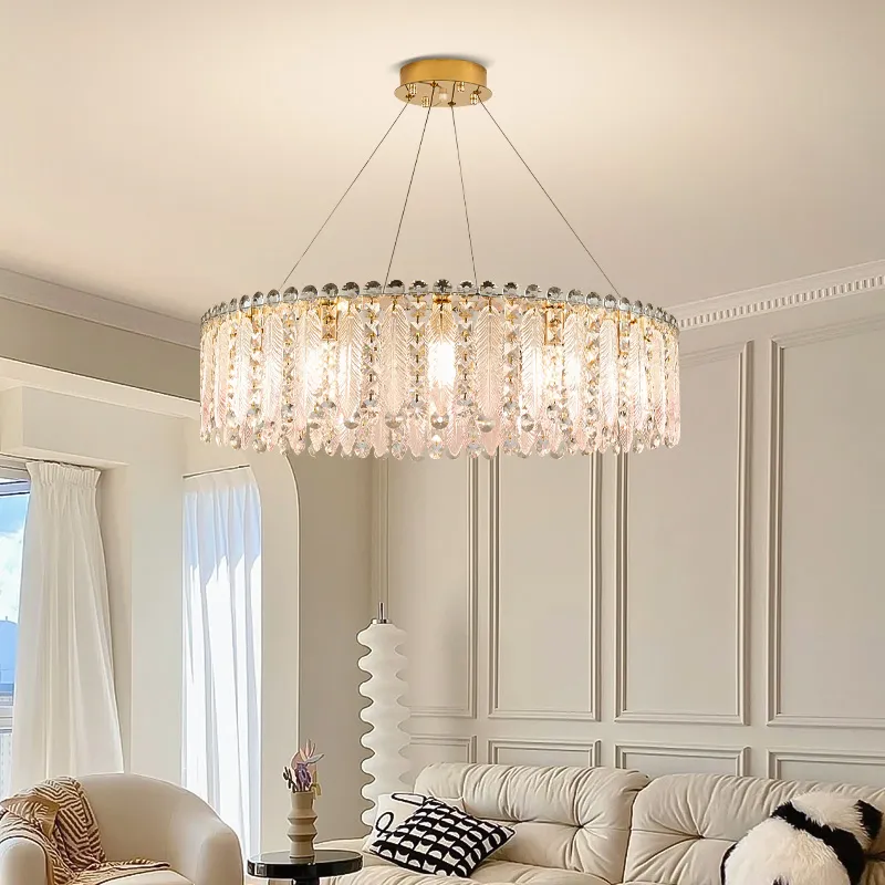 Light Luxury Crystal Living Room Pendant Lamps 2023 New Kind Warm Romantic Bedroom Luminaire Simple Glass Feather Light Fixture