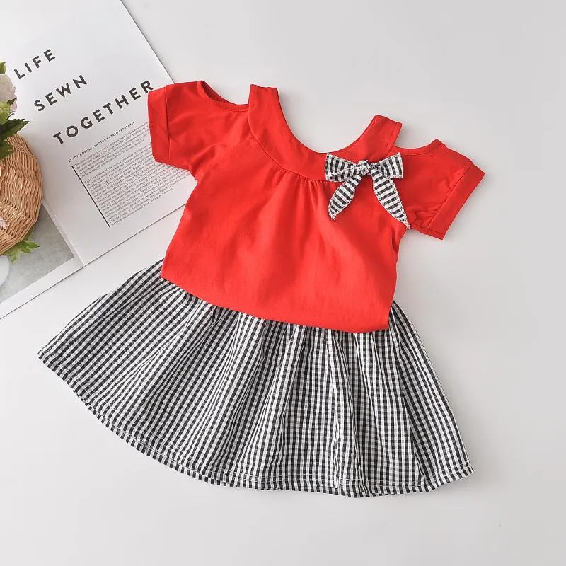 Clothing Sets Girls Clothes Set 2023 Casual Summer Kids Suit Bowtie Tshirt And Plaid Skirt 2pcs Outfits Children 2-6Y