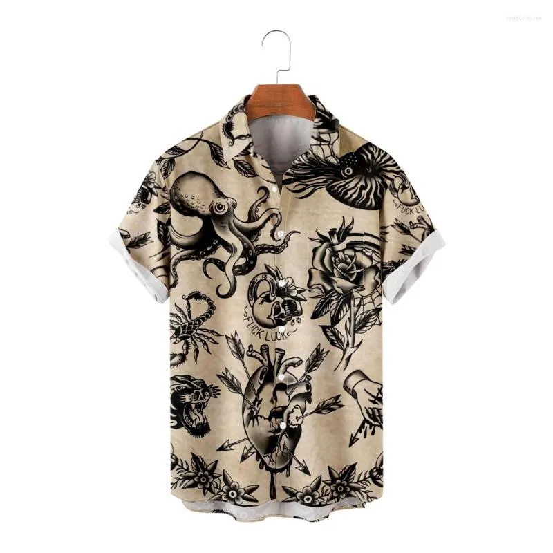 Camicie casual da uomo Disegni di tatuaggi da uomo Stampa Vacanze Manica corta Cool Summer Top Vintage Traspirante Taglie forti