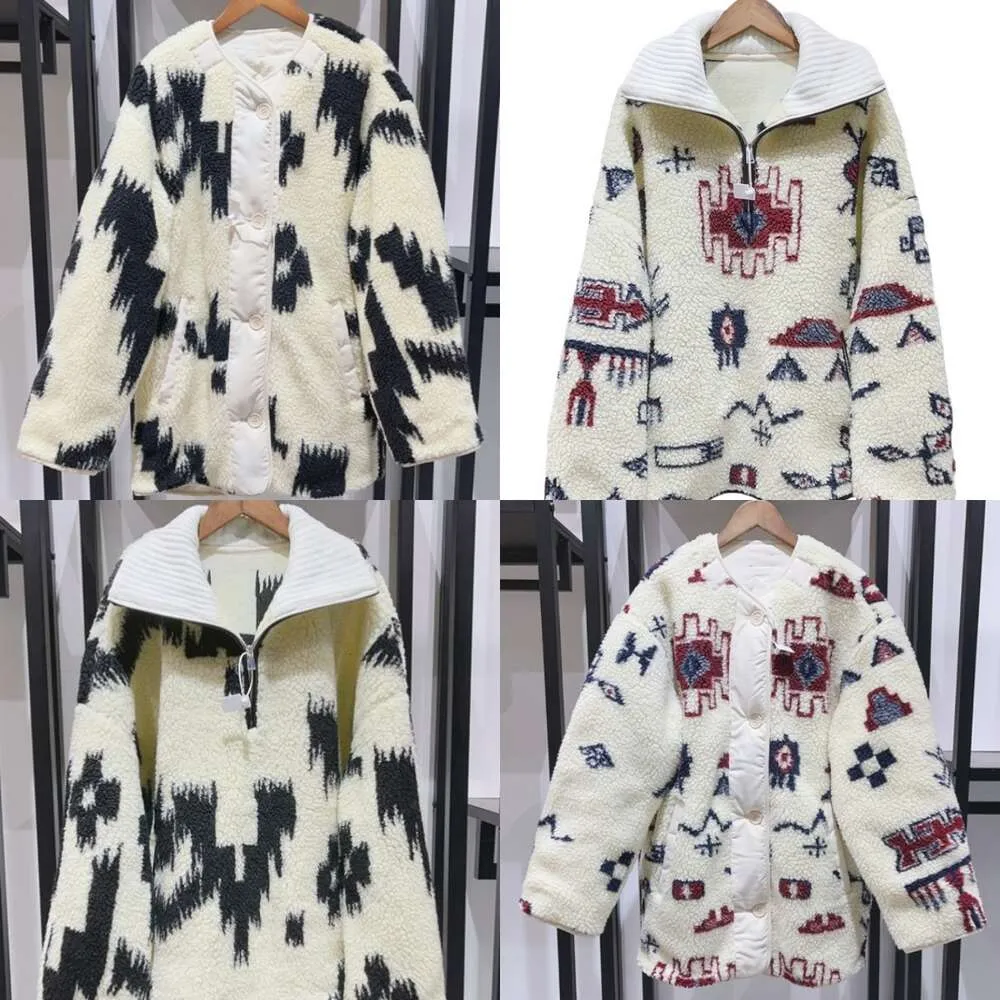 New Isabels Marant Women Wool Blend Designer Casual Versatile Jacket Fashion Luxury Double Sided Two Wear Print Round Neck Sherpa Velvet Medium Length Coat Tide Tops