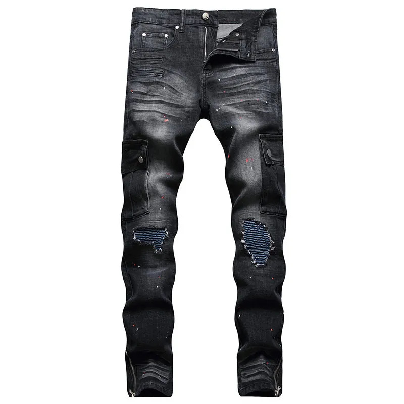 2023 High Quality Men Casual Black Jeans Paint Slim Straight Hole Biker Jeans Autumn Jean Homme Male Denim Pants Plus Size 44