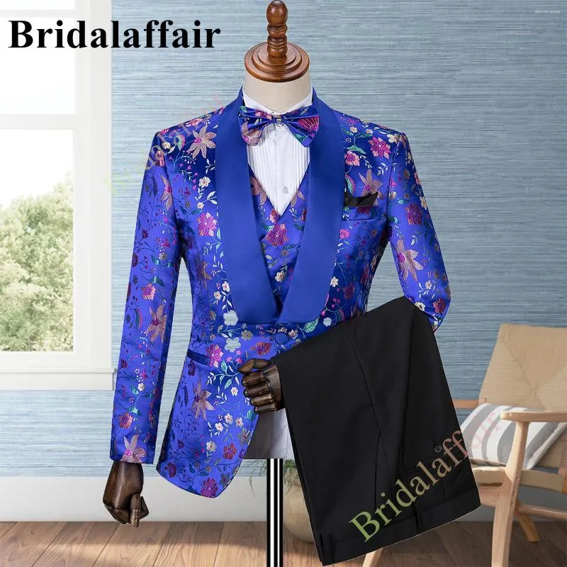 Herrdräkter Bridalaffair Royal Blue Jacquard Floral Printed Prom Wedding Tuxedo Suit for Men 3st Blazer Jacket Vest Pant Set