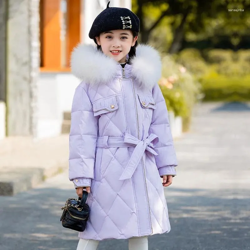 Manteau en duvet pour enfants veste d hiver pour filles a la mode rose chaud et epais a capuche col en vraie fourrure violet de canard 2023
