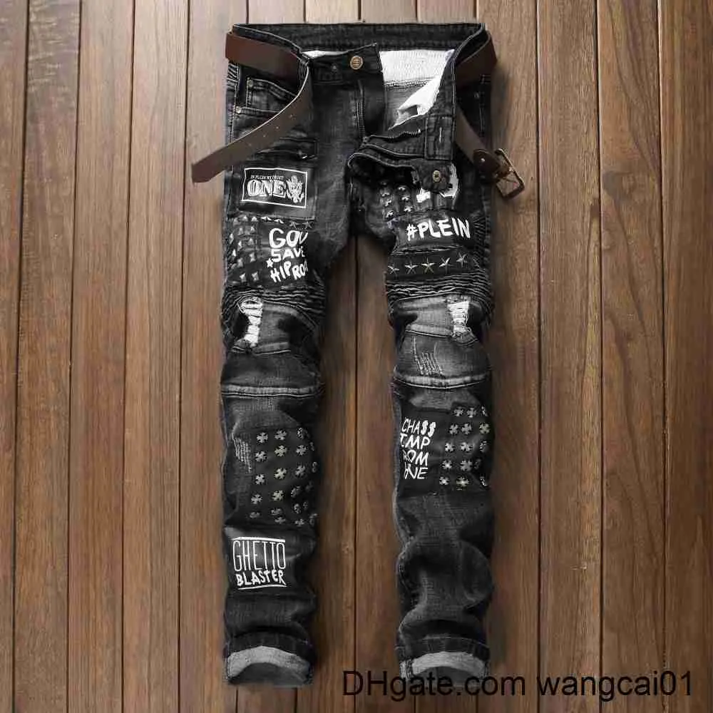 Men's Jeans 2021 Patch Jeans Men Skinny Casual Cotton Classic Ripped Denim For Men Straight Slim Fit Plus Size Rvaet Rap Harajuku Biker Jean 0408H23