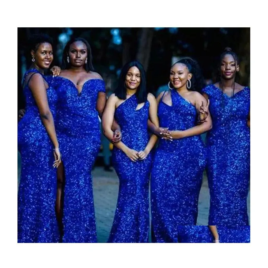 Arts And Crafts Royal Blue Sequins Bridesmaid Dresses 2022 Mermaid Floor Length Satin One Shoder Custom Made Plus Size Maid Of Honor Dhpp3