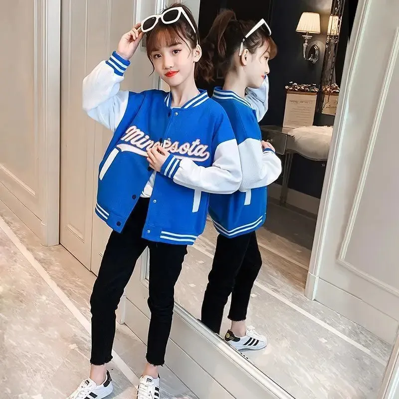 Girls Pink Hooded Baseball Jacket Loose Fit Varsity Girls