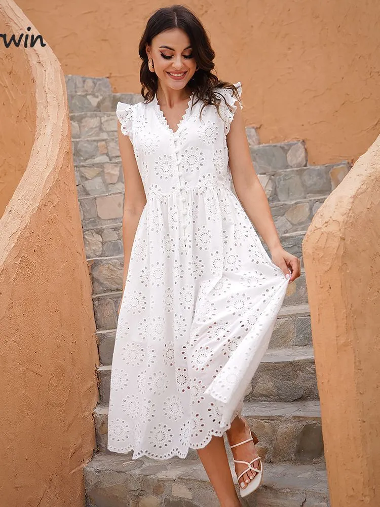 캐주얼 드레스 Marwin Long Simple Casual Solid Hollow Cotton Style High Waist Fashion Mid Calf Summer Dress Vesidos 230408