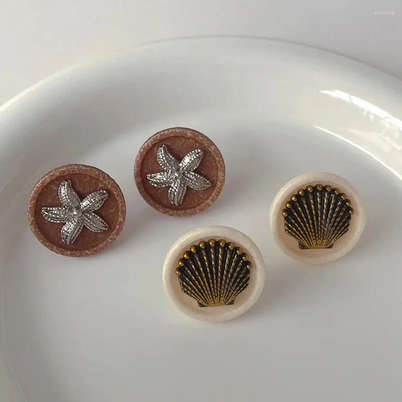 Stud Earrings Vintage Resin Round Metal Shell Starfish 925 Silver Needle Maillard Style