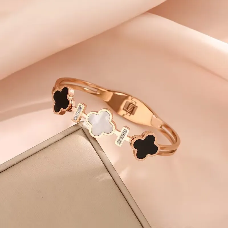 18K Rose Gold Clover Bangle Bracelet - Four Leaf Diamond Pendant