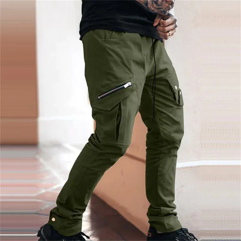 Black Cargo Zipper Pants For Men Hip Hop Casual Joggers With