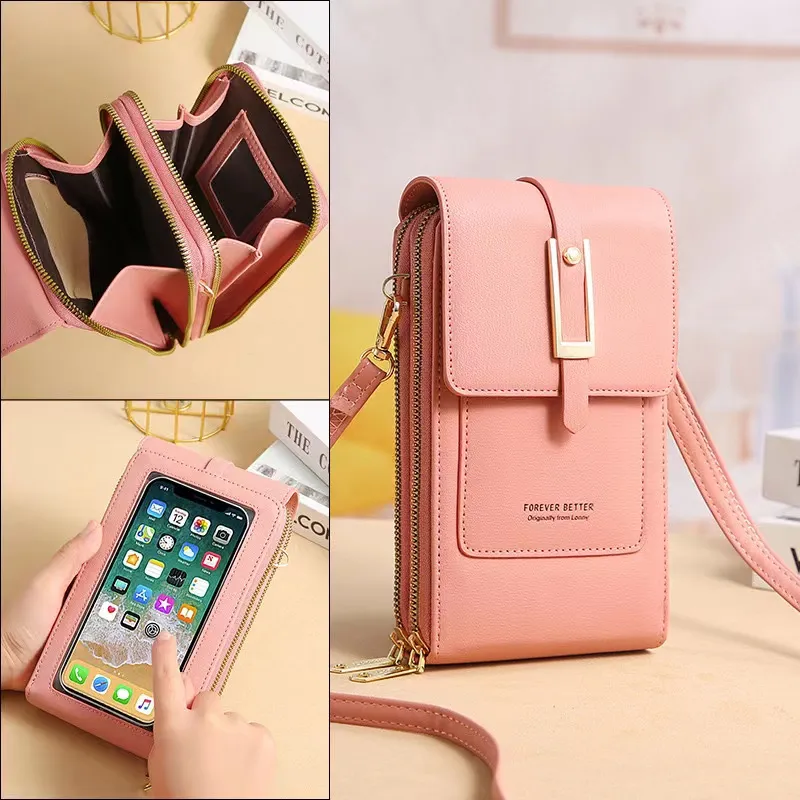 Femmes Multi-fonction Écran Tactile Téléphone Sacs Femme Unique Épaule Bourse Messenger Portefeuille Grande Capacité RFID Anti-vol Brosse rose sac à main sacs à main pour les femmes