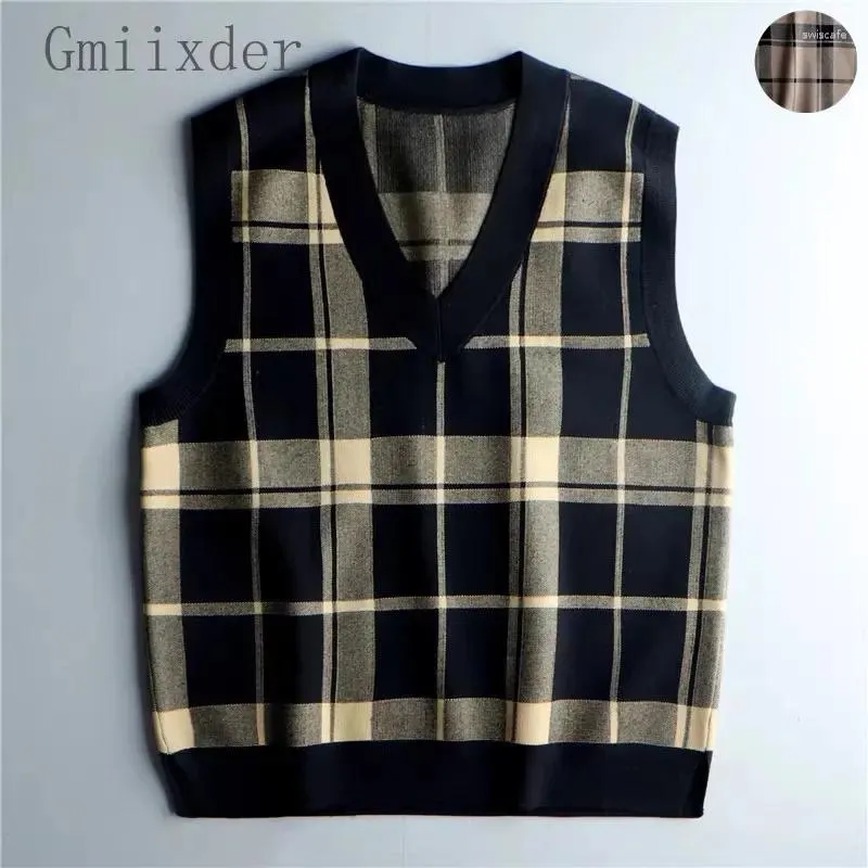 Herrenwesten Gmiixder Elegante Vintage Weste 2023 Herbst/Winter V-Ausschnitt Plaid Pullover Pullover Weste Lose ärmellose gestrickte Leibchen