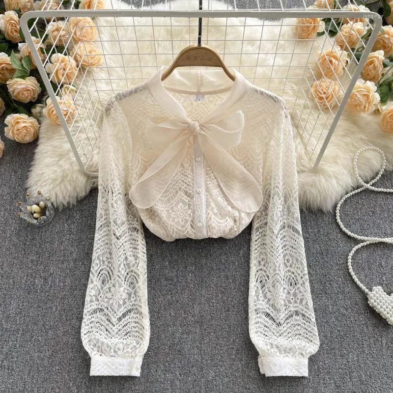 Women's Blouses 2023 Women Bow Tie Collar Lace Blouse Shirt Long Sleeve Transparent Loose Sexy Cardigan Spring Beige Tops