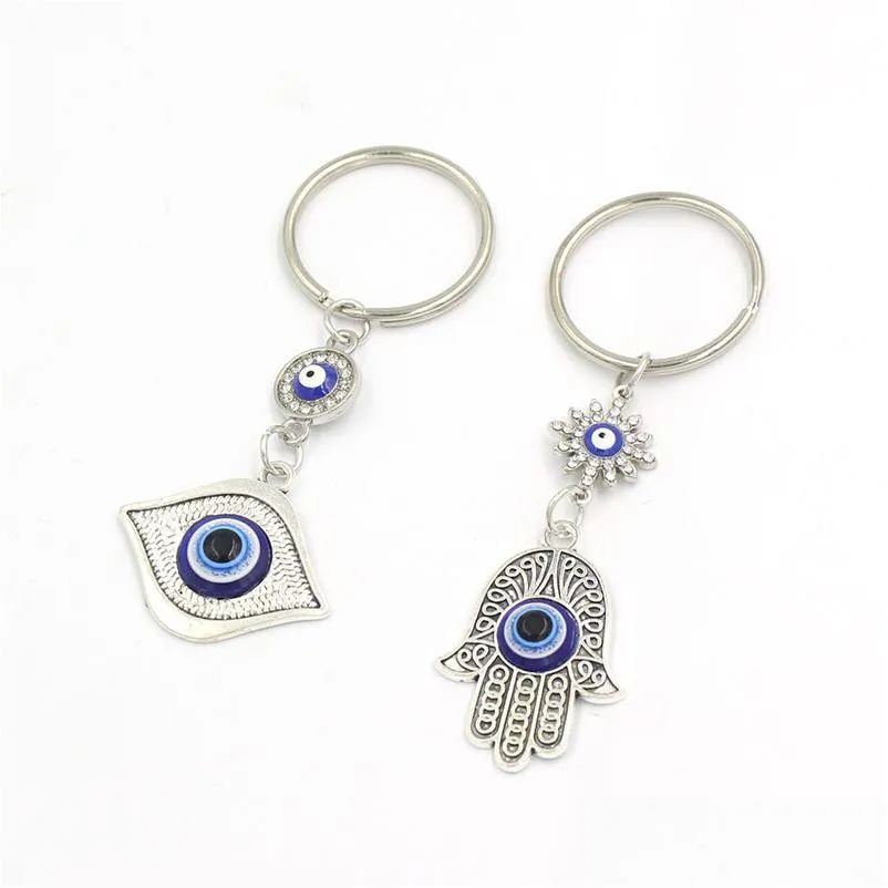 Кольца для ключей оптом со стразами Lucky Eye Fatima Hand Keychain Автомобильный брелок Синий Турецкий Злой Брелок Для Женщин Мужчин Ювелирные Изделия Dhgarden Dhkke