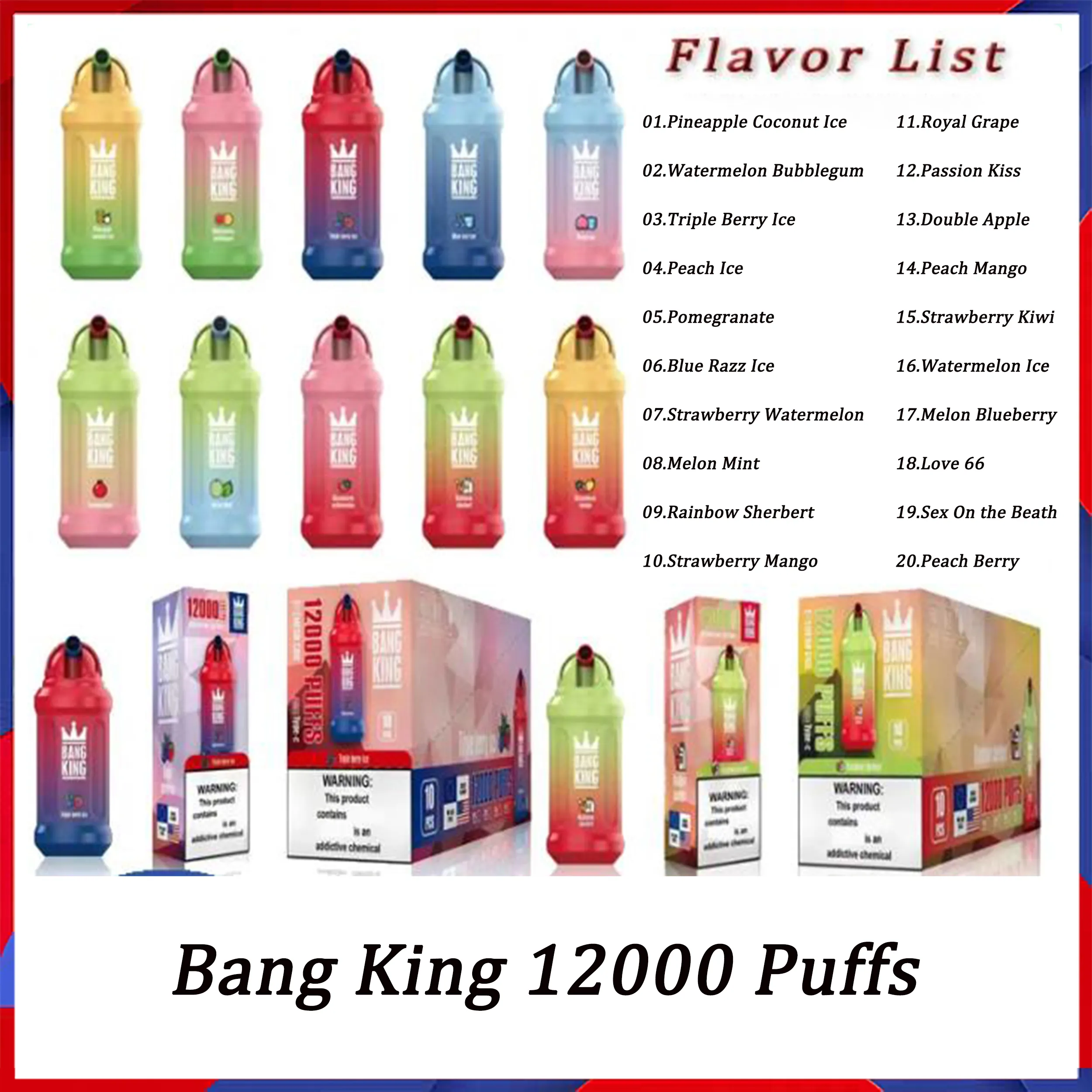 Original Bang King 12000 Puffs Bars jetables Vape Pen E cigarettes 23 ml Cartouche de dosettes pré-remplies 650 mAh Batterie rechargeable Puffs 12K Envoi rapide