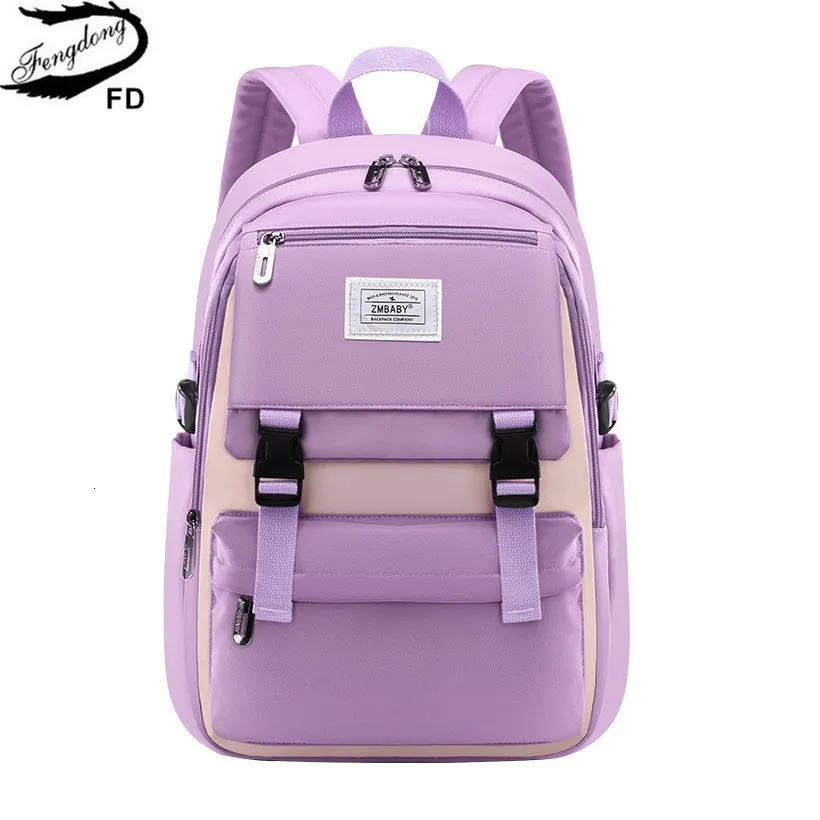 学校のバッグFengdong Purple School Backpack for Girls High School Book Bag Waterproof Light Weight SchoolBag Student Pack Teen SchoolBag 230408