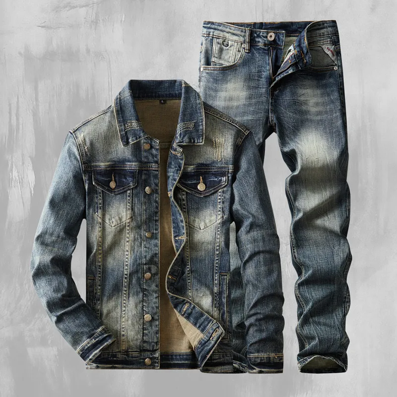 Costume en jean classique simple pour hommes, ensemble 2 pièces veste et pantalon en jean à manches longues bleu rétro automne hiver Style américain Sim Fit Streetwear