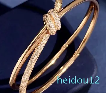 Bracciale rigido di design con nodo di lusso Bracciale a doppia linea Corda da donna Minoranza Oro Argento Brillante cristallo Braccialetti con diamanti Bracciali Gioielli top