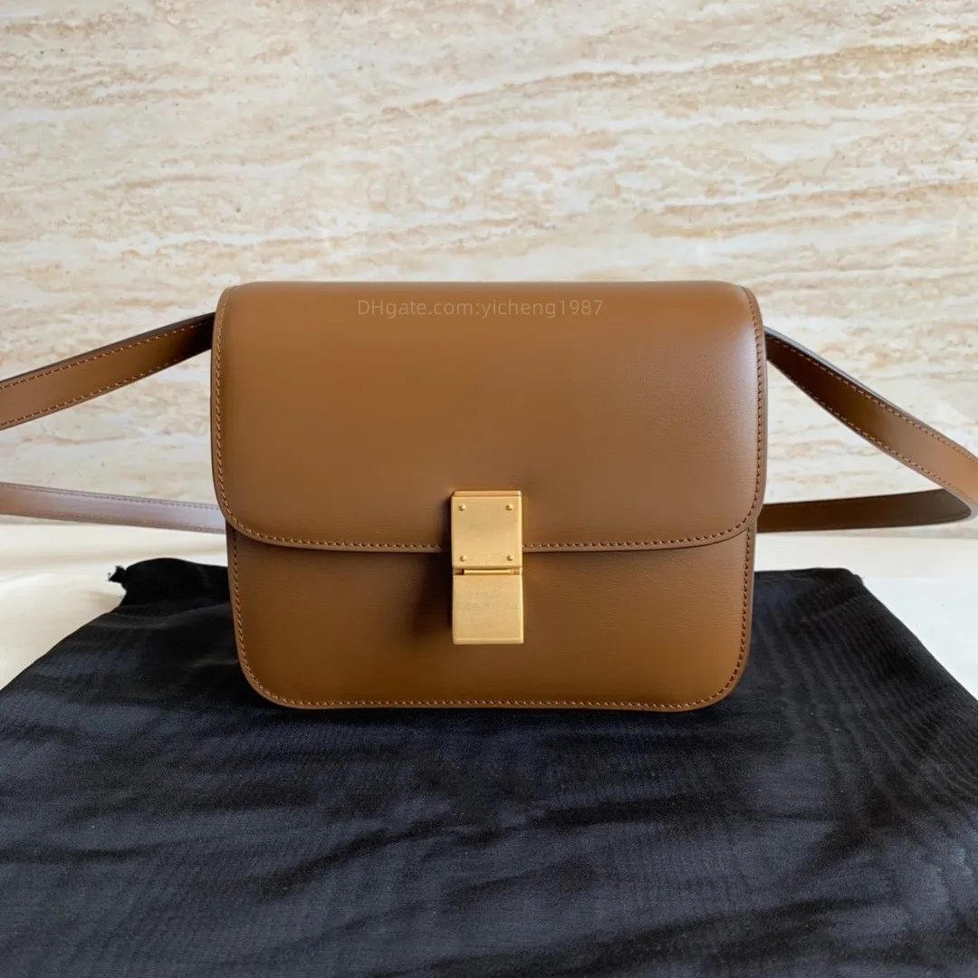 10a Tier Mirror Quality Luxurys Designer Bag Women Medium Purses 18.5cm Teen Polished Cowhide Leather Shoulder Crossbody Classic Khaki Box Bag Free Frakt