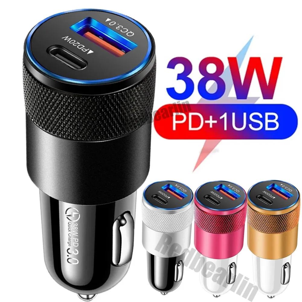 Eloy Metal Dual Ports USB C PD Car Charger 38W PD 20W PORTABLE Power Adapters för iPhone 11 12 13 14 15 Pro Max Samsung HTC Android Phone 12W Chargers