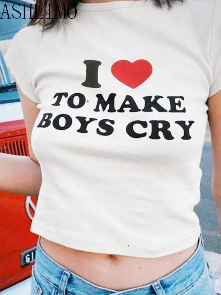 Womens TShirt Women Y2k Crop Top I Love To Make Boy Cry Letter Print Harajuku Summer Short Sleeve Funny Kawaii Streetwear Cropped Top 230408