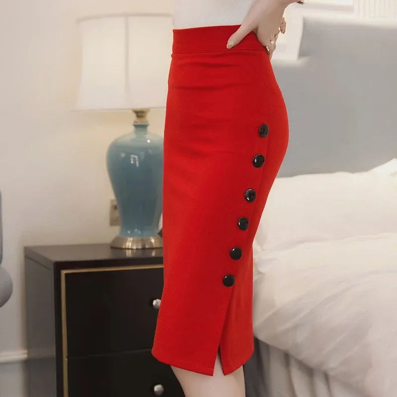 Skirts VOLALO 2023 Autumn Women Skirt Midi Slim OL Sexy Open Slit Button Pencil Elegant Bodycon Ladies