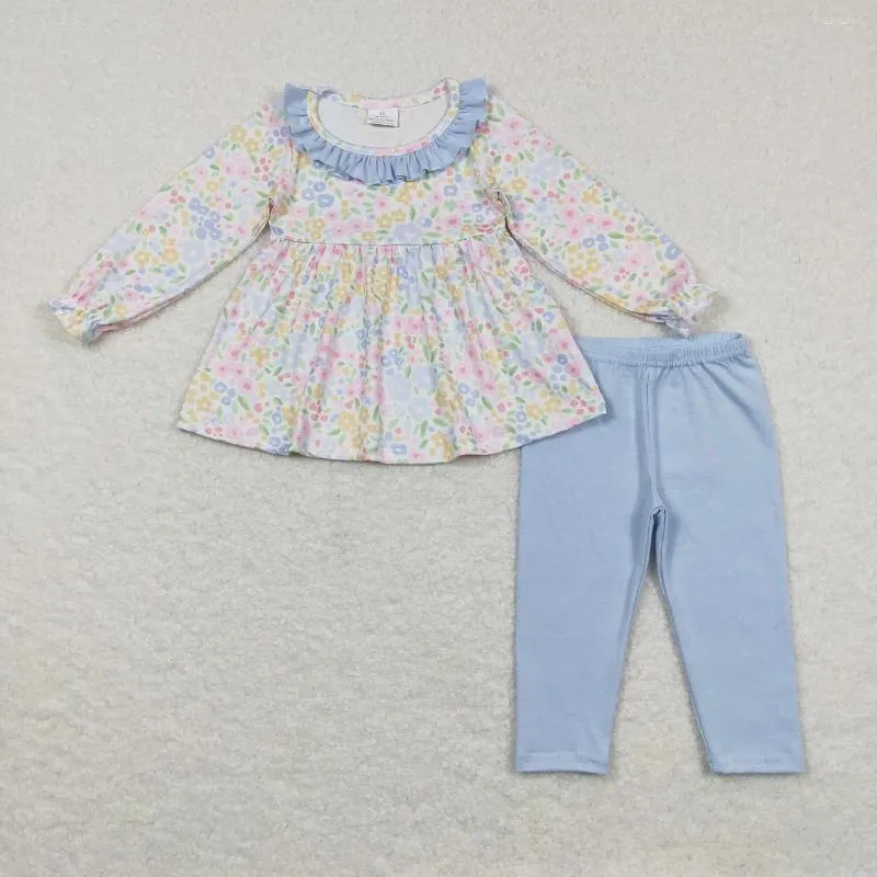 Ensembles de vêtements en gros manches longues tunique florale hauts bleu coton legging pantalon enfants enfants deux pièces enfant en bas âge tenue bébé filles fleur